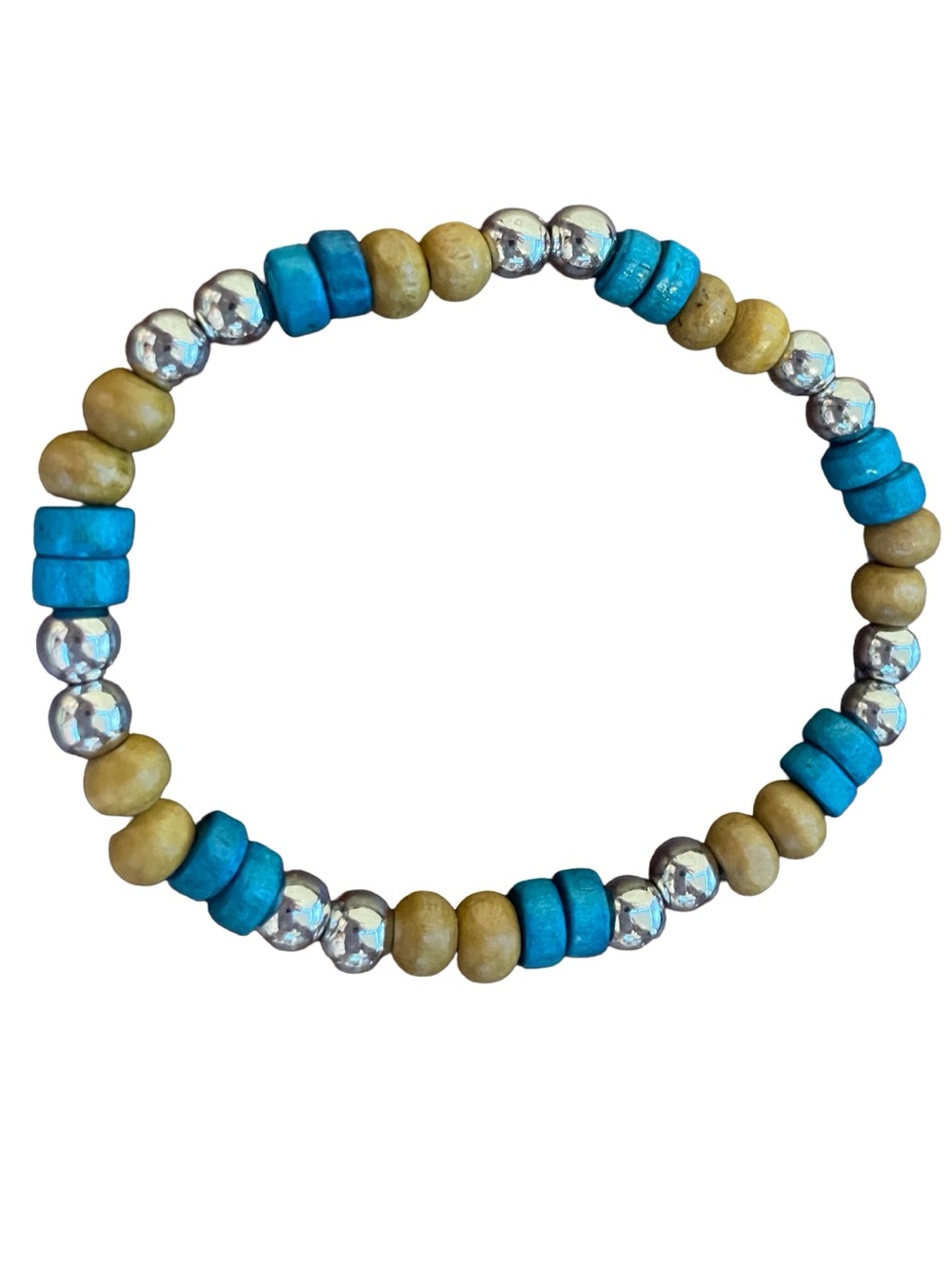 Men’s Boho Wood Beaded Stretch Bracelet Turquoise Silver Accent OS